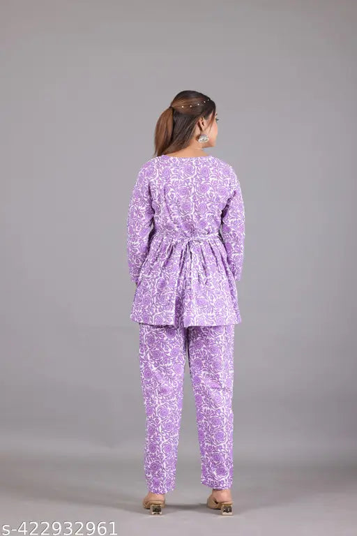 Stylish cotton short kurti & pants with floral lemongrass print, perfect for daily wear & summer