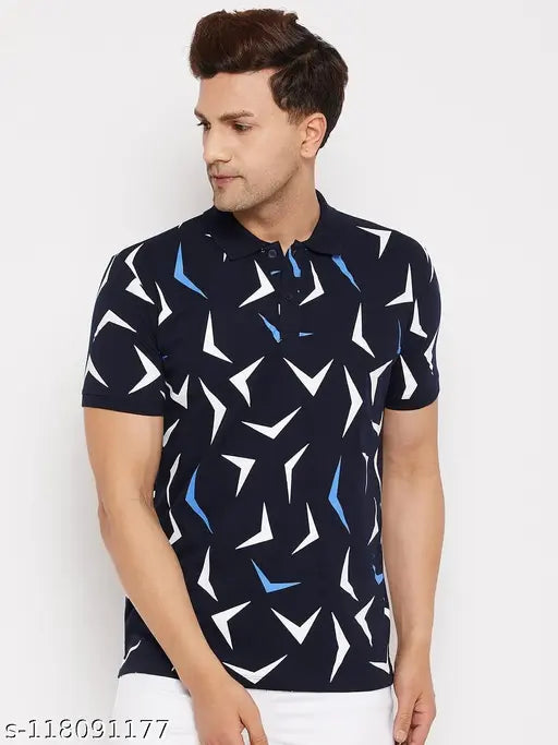 Navy cotton blend polo collar half-sleeve t-shirt for men with Wild West print, ideal for casual wear or parties