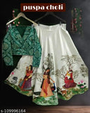 Silk blend kids lehengha choli with long sleeves and applique patterns, self-designed dupatta. Semi-stitched, available in various sizes from 9 months to 14 years. Indian origin