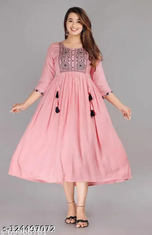 Rayon pink long-sleeved women's kameez with floral embroidery