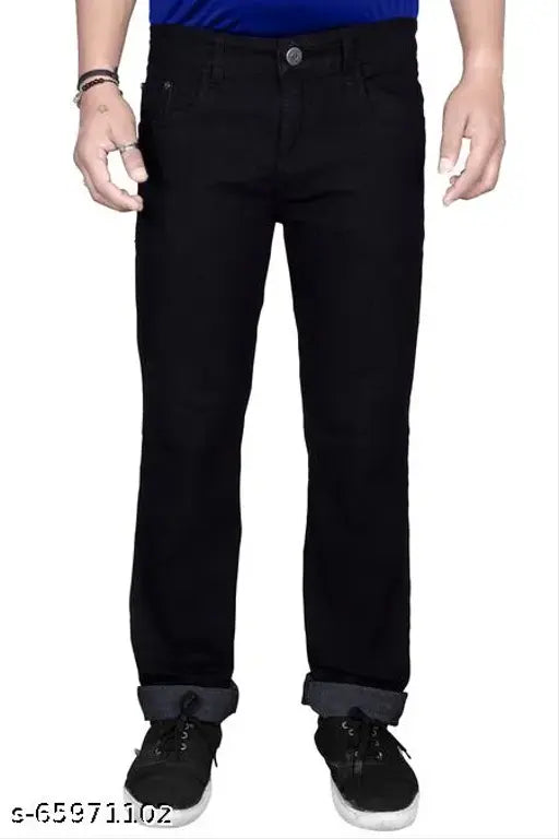 Men's black cotton regular fit stretchable jeans, solid pattern with sizes ranging from 28-50 inches (India origin)