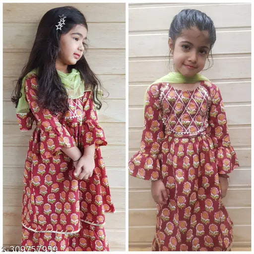 Printed cotton Anarkali kurti & sharara set with net dupatta, vibrant floral print and Gota work. Traditional ethnic wear for little girls in various sizes