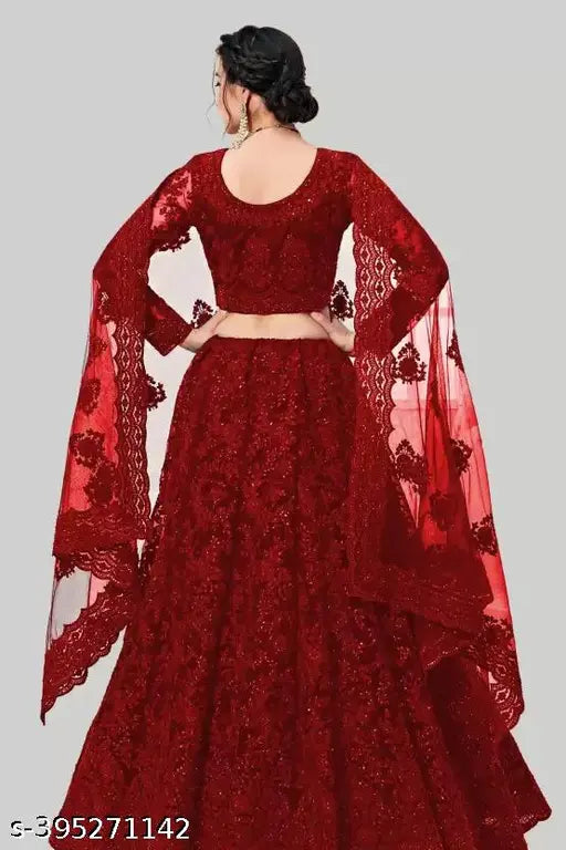 Net embroidered Lehenga Choli and Dupatta set, free size with 42in waist, embellished Indian traditional attire