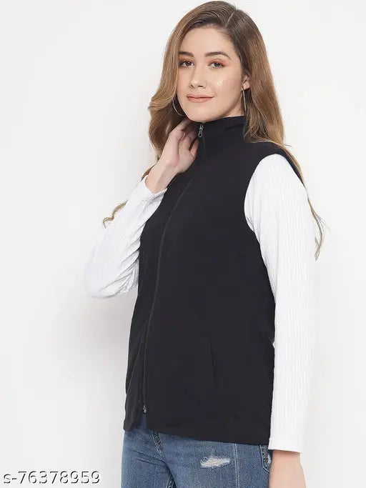 Black fleece sleeveless open-front jacket for women, Nock Regular solid color style, ideal for casual wear