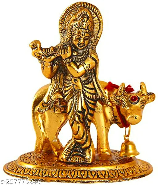 Golden Krishna Idol with Cow, 9cm metal decorative showpiece - Indian handicraft for home, temple, office gifting