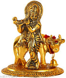 Golden Krishna Idol with Cow, 9cm metal decorative showpiece - Indian handicraft for home, temple, office gifting
