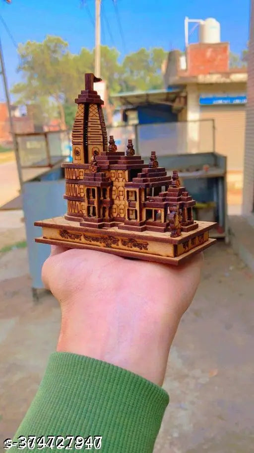 Wooden Shri Ram Mandir Temple showpiece for home decoration, Indian crafted 3D temple on dashboard or office desk (11cm L x 11cm H x 6cm B)
