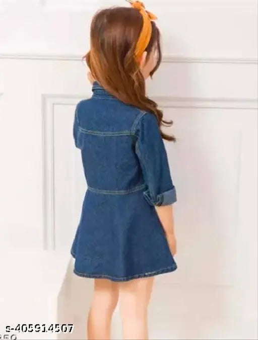 Denim solid three-quarter sleeve dress, 7-8 years kid's fashion from India