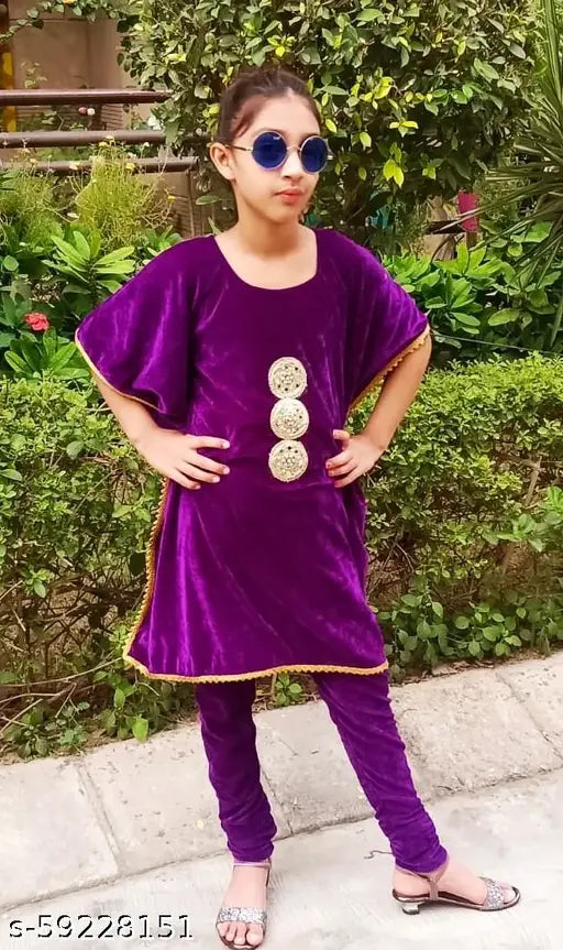 Purple velvet kaftan churidar set for kids, unique designers, trendy, lightweight velvet, girls fashion