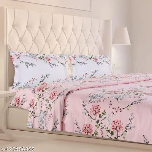 Haus & Kinder 100% Cotton Victorian Summer Dream Pink Double Bedsheet (2 Pillow Covers Included) - Elevate Your Sleep Experience, Perfect for Summer Nights on a Double Bed
