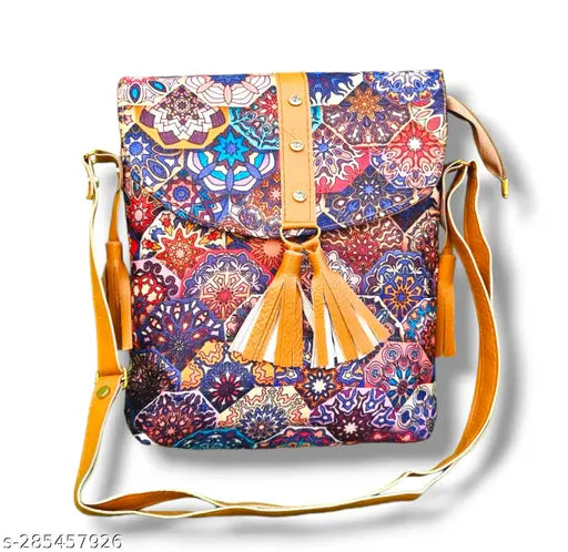 Stylish fabric sling bag for women, colorful patchwork design with tassels