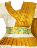 White cotton Lehanga Choli set with golden zari accents, traditional Kerala Pavada for kids' festive occasions