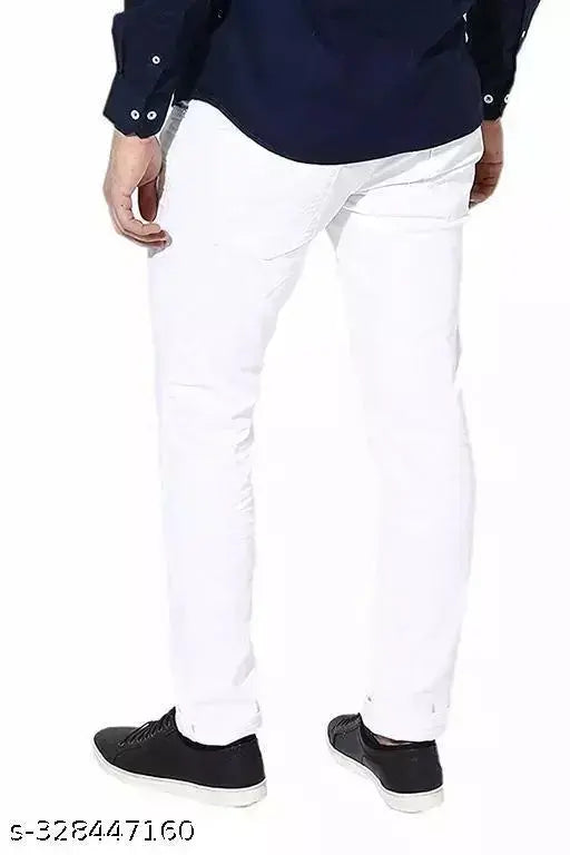 Men's slim fit cotton blend jeans - Solid white, modern and comfortable for everyday wear. Available in sizes 26, 28, 30, 32, 34, 36 (waist sizes 28in, 30in, 32in, lengths 38in). Made in India