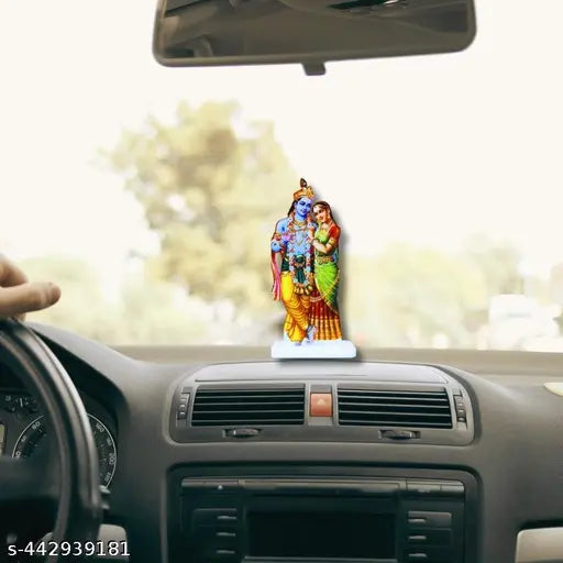 Medium-sized acrylic Radha-Krishna showpiece for home decor and car dashboard accessory. Vibrant detailing, non-slip base, suitable for Indian spiritual spaces