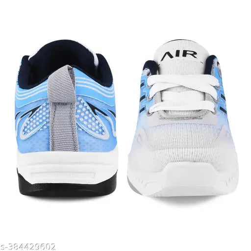 Blue and white shoe with black trim. Sneaker lace up closure