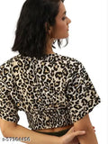 Off white/black animal print crepe blouson crop top with short sleeves, polyester fabric - Indian fashion for women