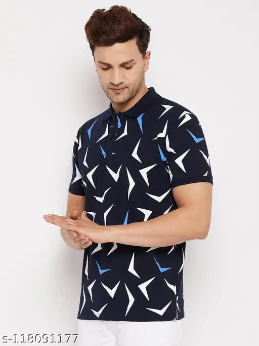 Navy cotton blend polo collar half-sleeve t-shirt for men, Wild West print on front