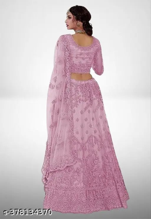 Embroidered net Lhenga Choli and Dupatta set, featuring intricate Indian embroidery on a semi-stitched design (size 42/44in, 2.2in), handcrafted in India