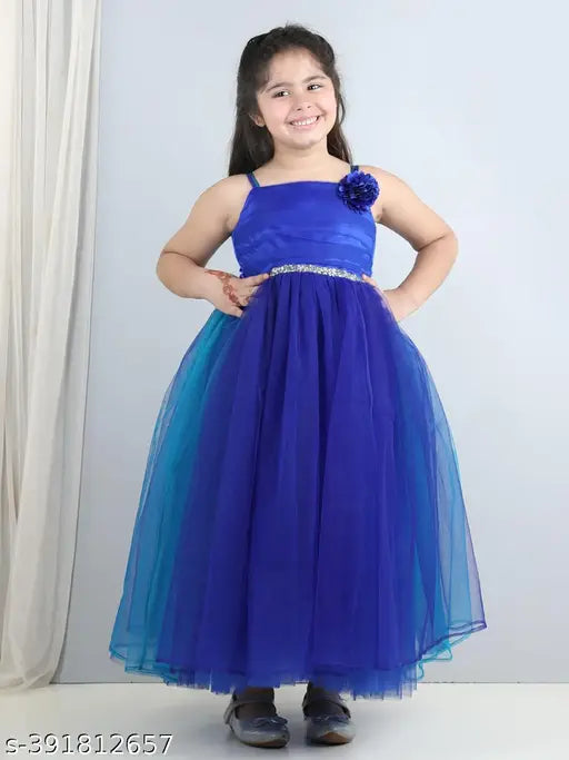 Blue net flared party dress for kids, sleeveless, fit and flare style