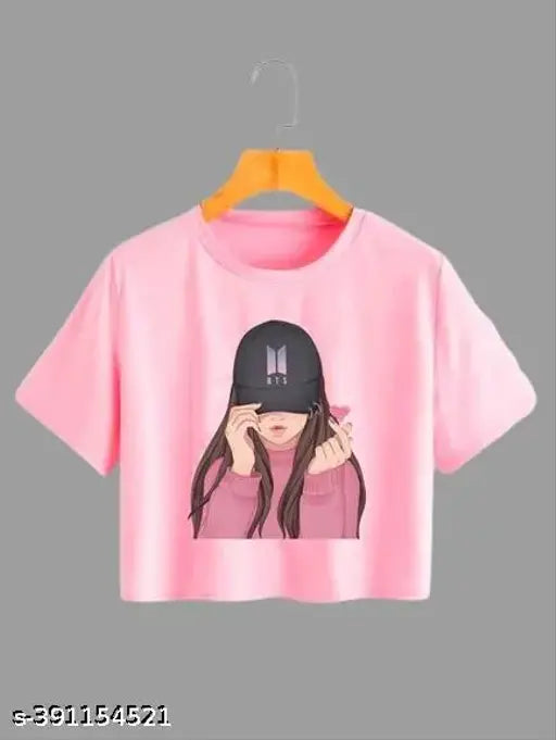 Fashionable printed cotton short sleeve women's t-shirt, trendy crop top with fancy design, India origin