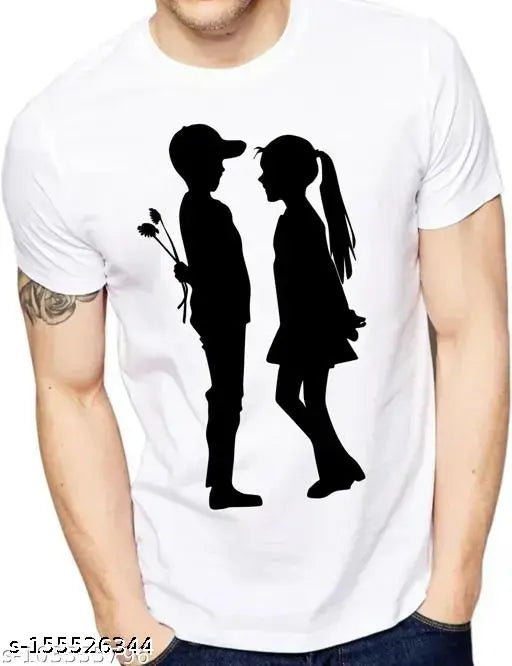 White printed round neck T-shirt for men, short sleeved polyester with Indian print design [S, XL, L, M, XXL]