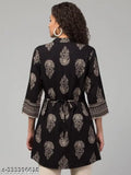 Rayon Black Jaipuri Tunic with 3/4 sleeves, mandarin collar, front pleats & waist string. Indian printed rayon apparel on mannequin