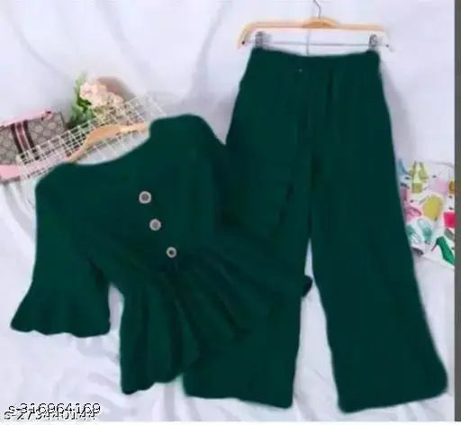 Stylish chic crepe Top & Bottom Sets for women, three-quarter sleeves, solid patterns. Premium quality fabric, versatile design, effortless versatility in a range of colors. Indian-made Top and Palazzo Set for any occasion