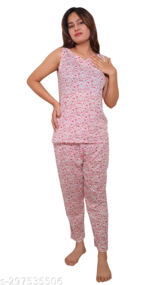 Pink Flower Printed Cotton Night Suit Set, lightweight Malai Modal, breathable, sleepwear style, two-piece pajamas for women, machine washable