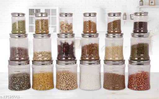 Containers, various sizes, plastic and metal lids, clear glass