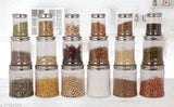 Containers, various sizes, plastic and metal lids, clear glass