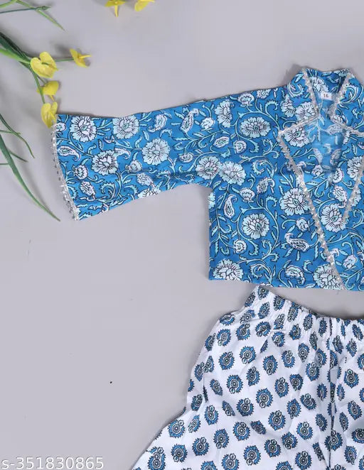 Blue cotton floral printed kids sharara set by Spack Jerrow for casual playdates and family gatherings
