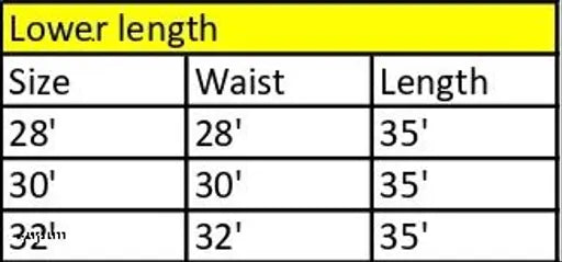 The image displays a table with measurements for trousers, including lower length and waist size