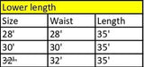 The image displays a table with measurements for trousers, including lower length and waist size