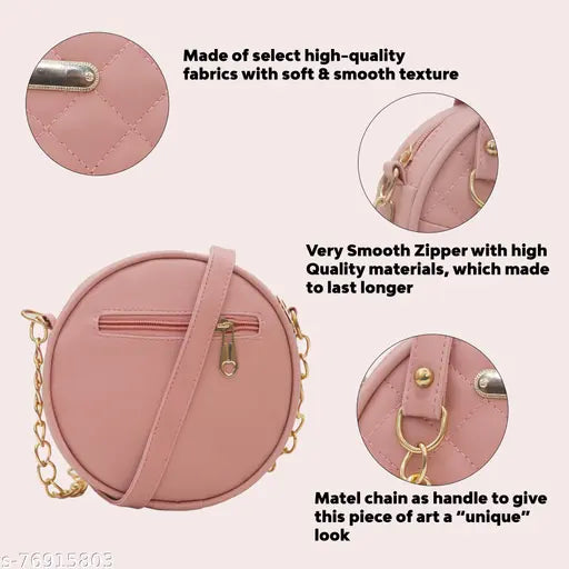 Soft pink slingbag with adjustable strap and gold zipper, made of cotton fabric and featuring a main compartment and two smaller pockets
