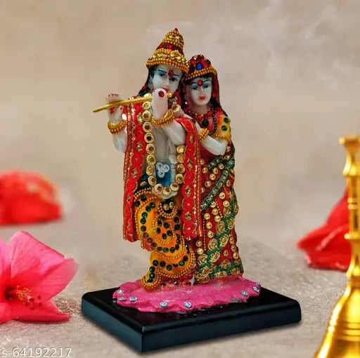 Poly resin Krishna-Radha idol for home decor, intricately detailed with multicolor stones, traditional Indian puja gift