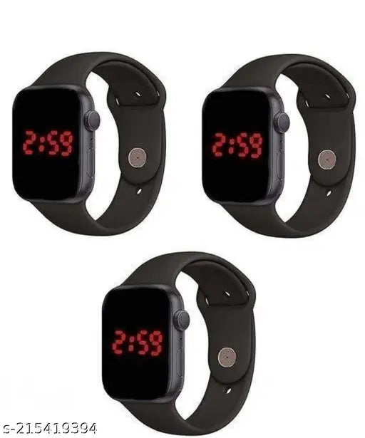 Black strap smartwatch with digital clock, two sets of 24 hour timed watch faces displayed in picture