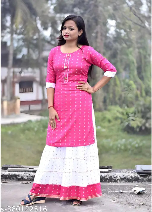 Rayon A-line kurta set with self-design pattern, knee-length and three-quarter sleeves. Indian clothing for kids, various sizes available