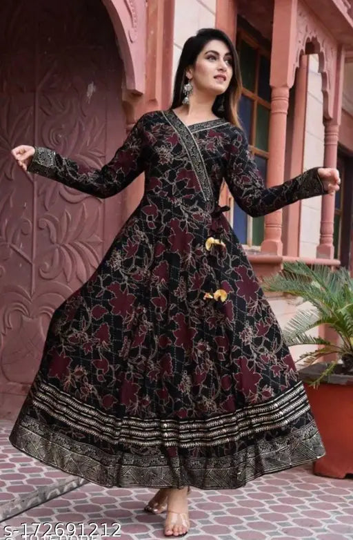 Rayon black anarkali long kurti, three-quarter sleeves, printed combo for women's party wear, India