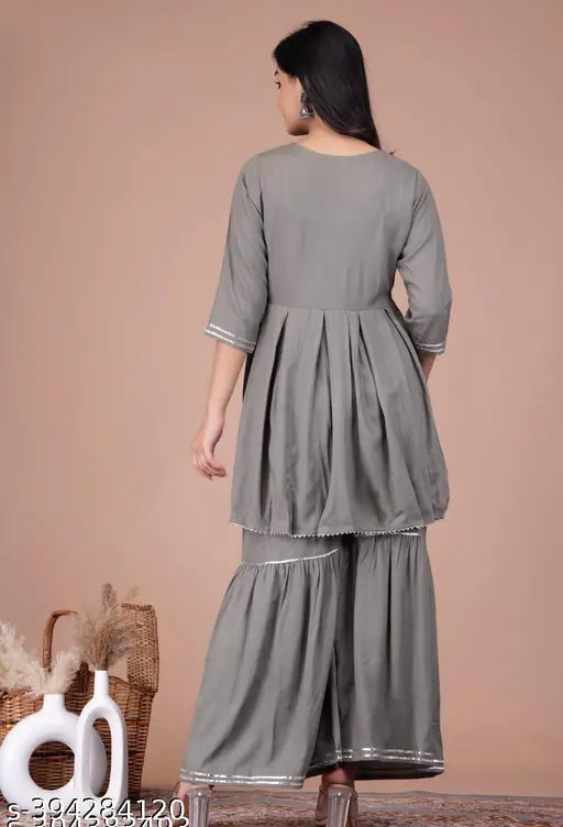 Grey rayon rashi women kurta with sharara and dupatta set