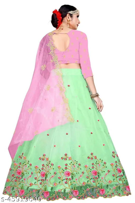 Silk & net embroidered Banita attractive women's lehenga set with choli and dupatta, semi-stitched (44 in waist, 43 in length), featuring cut work broderie