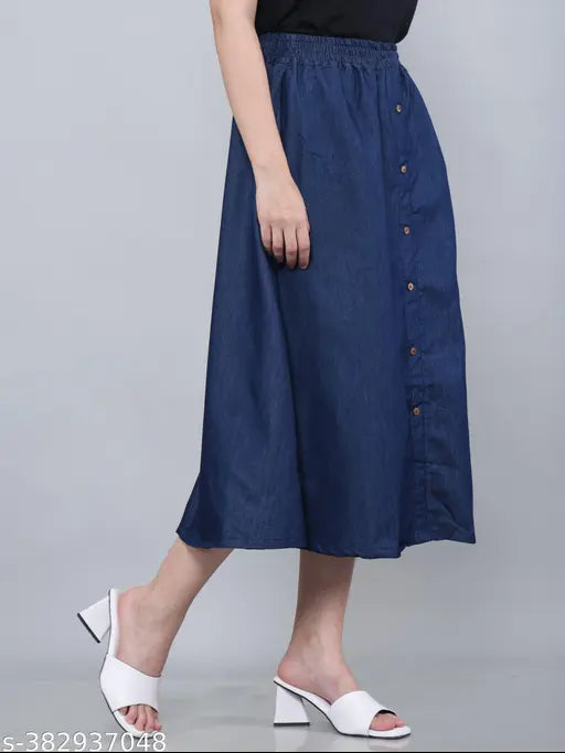 Blue denim A-line skirt, elastic waist, below the knee length - stylish jeans skirt for women, versatile and comfortable