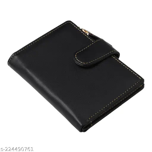Black PU leather wallet with zip closure and multiple card slots, suitable as a gift for women and girls