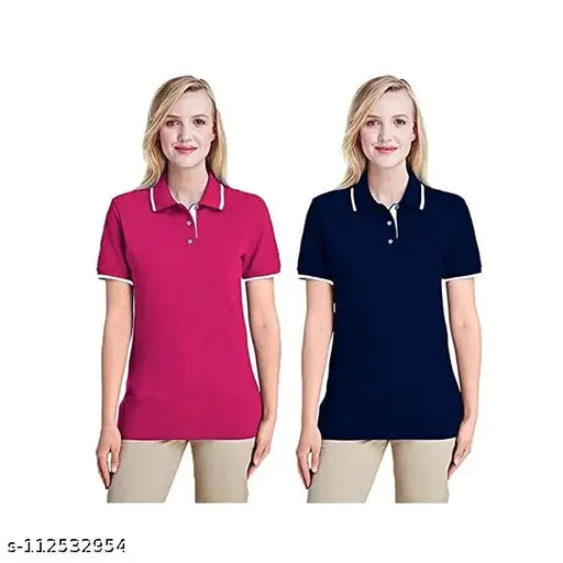 Regular cotton black and blue polo t-shirt combo pack for women, solid color, short sleeves