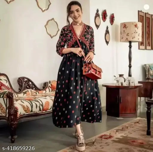 Rayon black floral print anarkali kameez dress with long sleeves and a V-neck