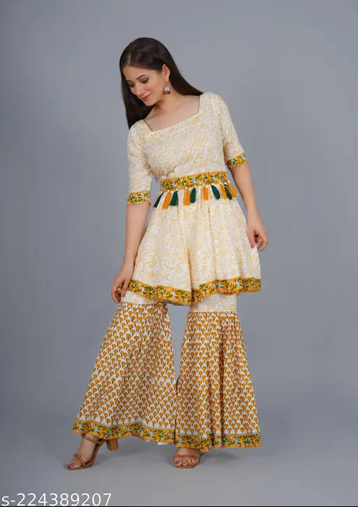 Blusho block print sharara kurta set, women's traditional Indian attire