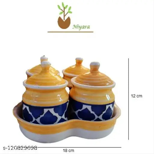 Handpainted ceramic multipurpose storage jars set of 4, 12.5cm height, 1500ml capacity, yellow color with lids