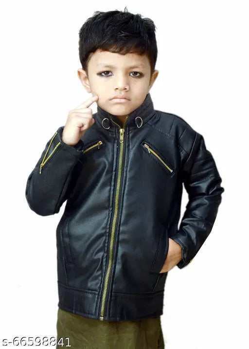 Black kids leather jacket with zip closure