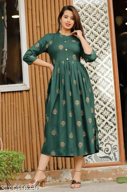 Rayon printed Anarkali kurta, Laxmi Textile women's three-quarter sleeve rayon outfit with vibrant prints, Indian fashion on display