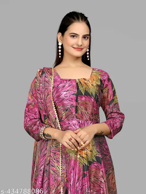 Art Silk, digital floral print, floor-length Anarkali gown. Vibrant colors, high-quality fabric, perfect for weddings and festivals." (125 characters)