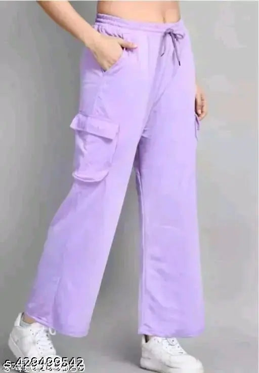 Purple cargo pants with front pockets, elastic waistband, and drawstring closure
